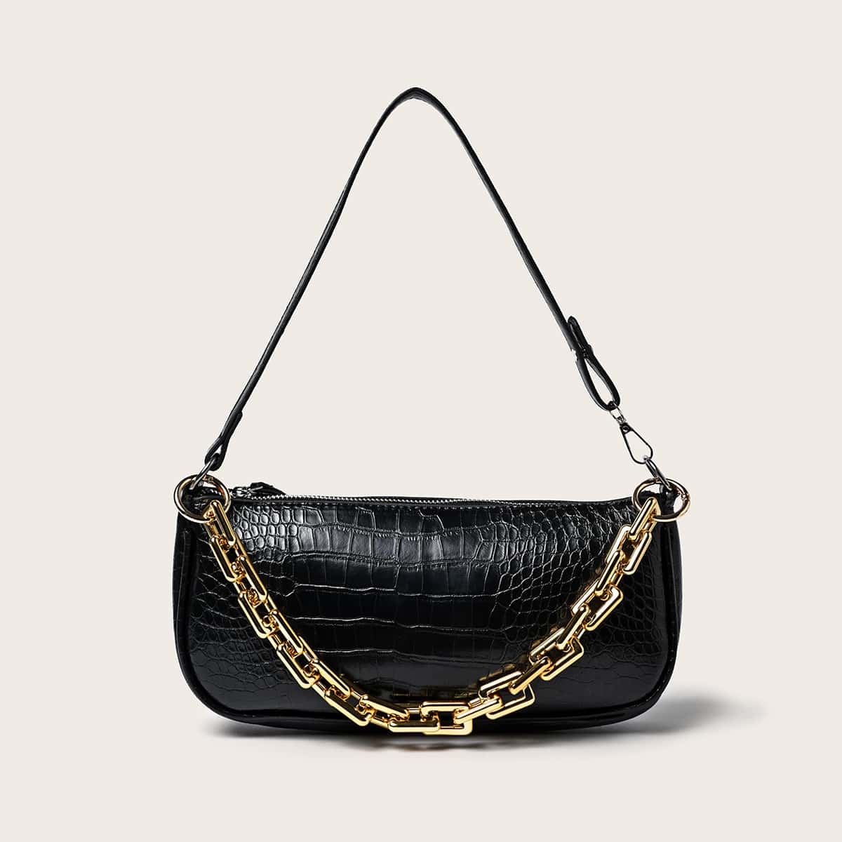 

Croc Embossed Chain Baguette Bag, Black