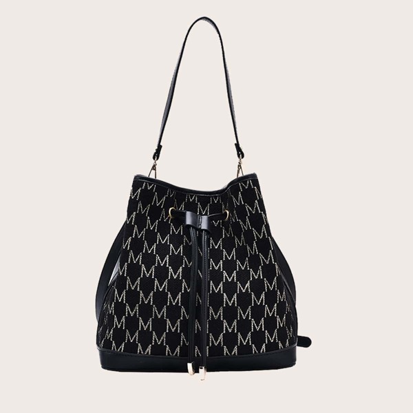 

Letter Graphic Drawstring Decor Bucket Bag, Black