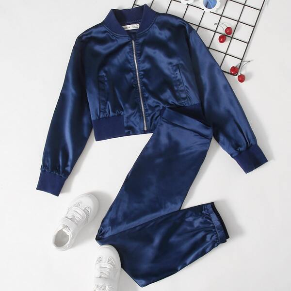 

Girls Drop Shoulder Satin Bomber Jacket and Pants Set, Navy blue