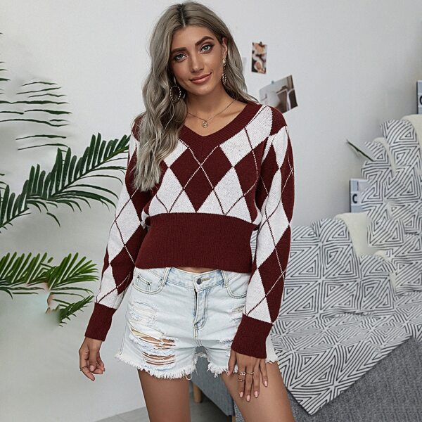 

V Neck Argyle Pattern Crop Sweater, Multicolor