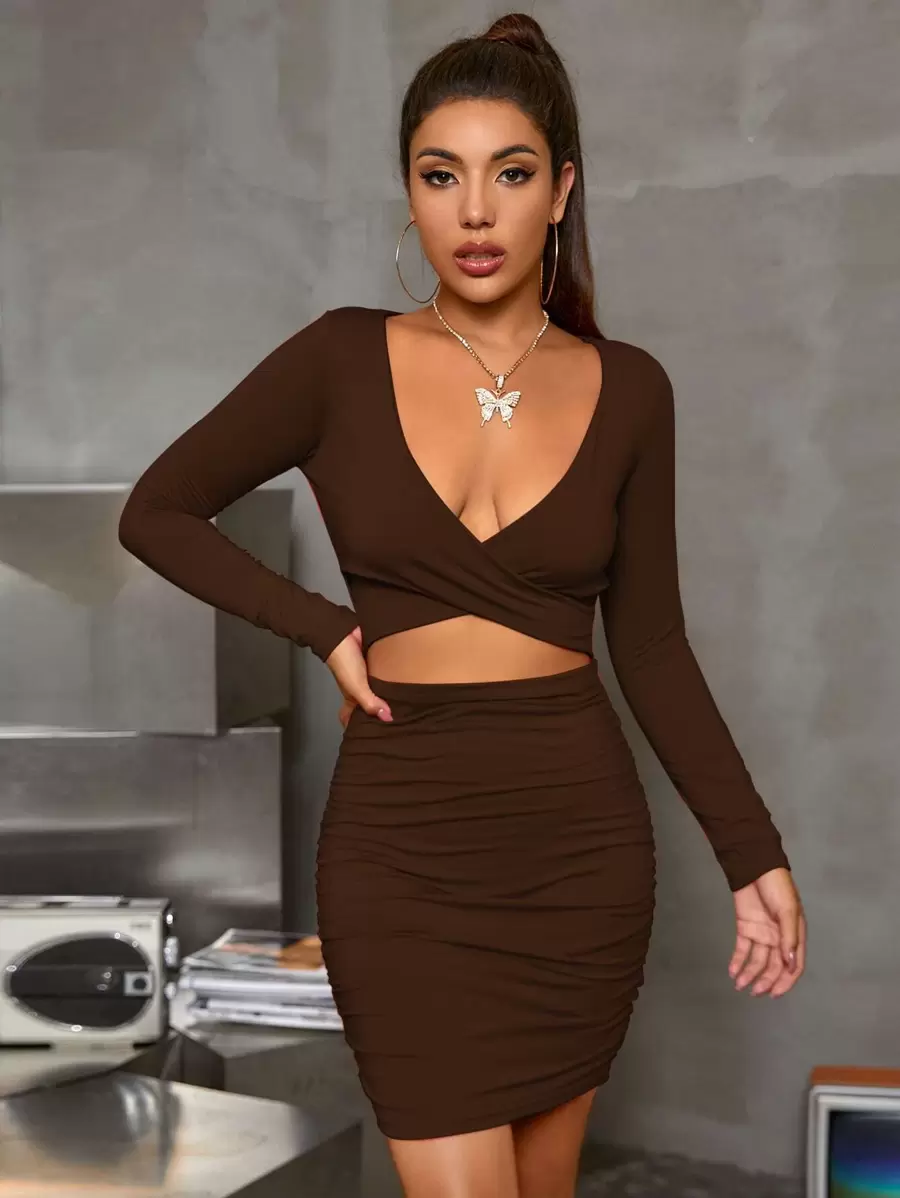 SHEIN Allurite Cross Wrap Cut-out Ruched Bodycon Dress - Chocolate Brown - View 1