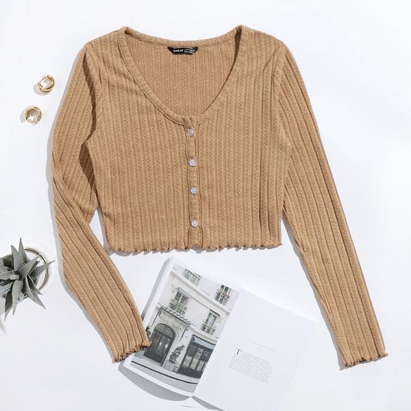 

Lettuce Trim Button Front Rib-knit Tee, Khaki