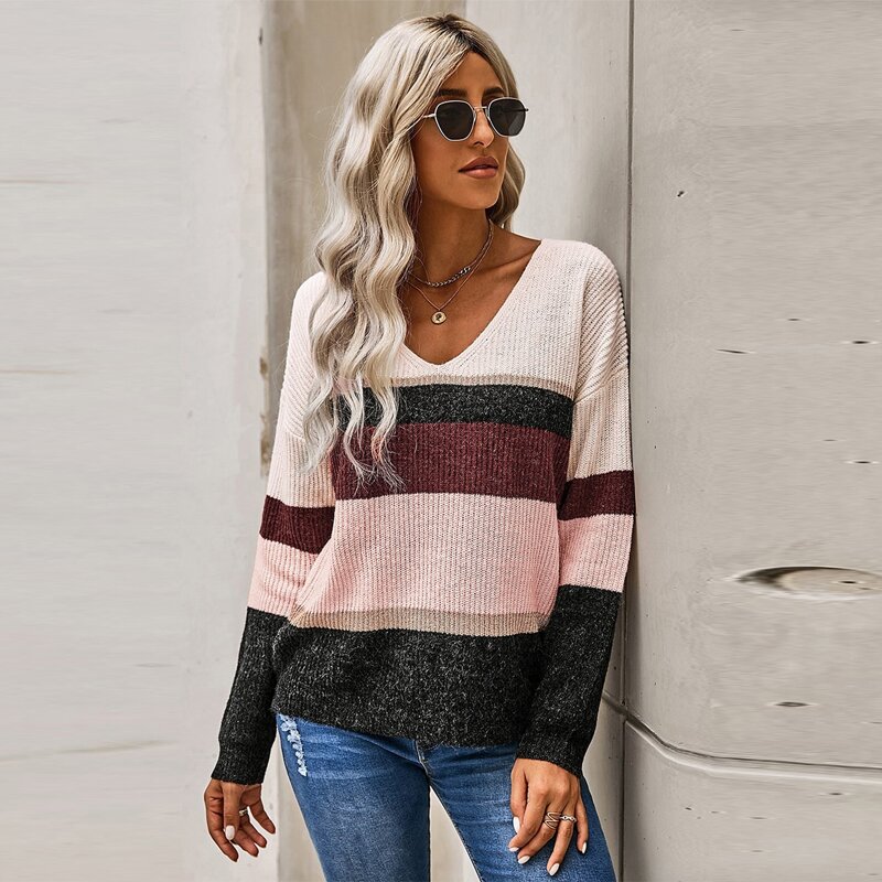 

Color-block V-neck Drop Shoulder Sweater, Multicolor