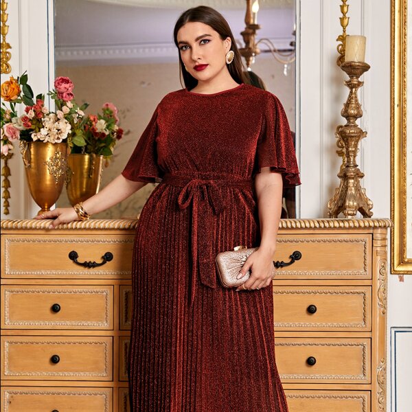 

Plus Flounce Sleeve Pleated Hem Belted Glitter Dress, Burgundy