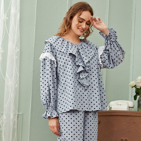 

Ruffle Trim Eyelet Embroidered Trim Polka Dot Top & Pants PJ Set, Dusty blue