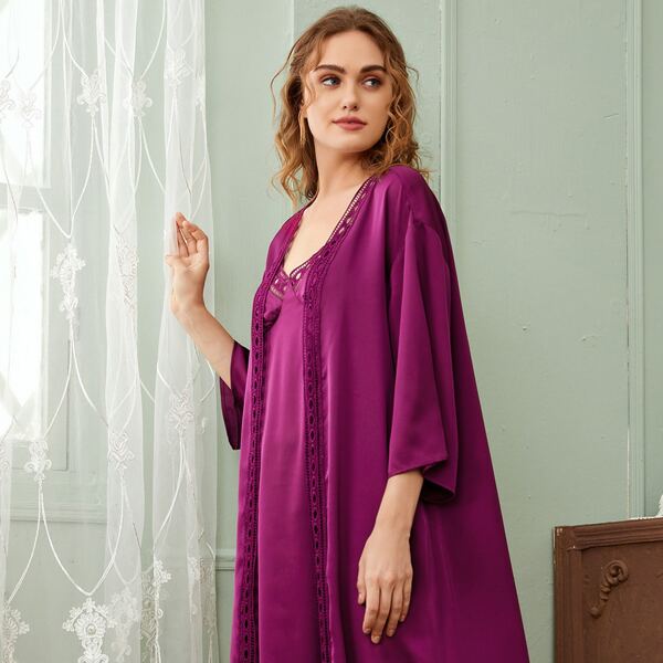 

Guipure Lace Trim Satin Robe With Slip Dress, Purple