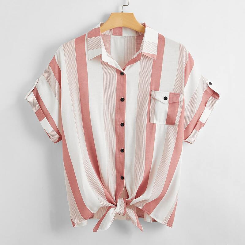 

Plus Striped Pocket Front Blouse, Multicolor