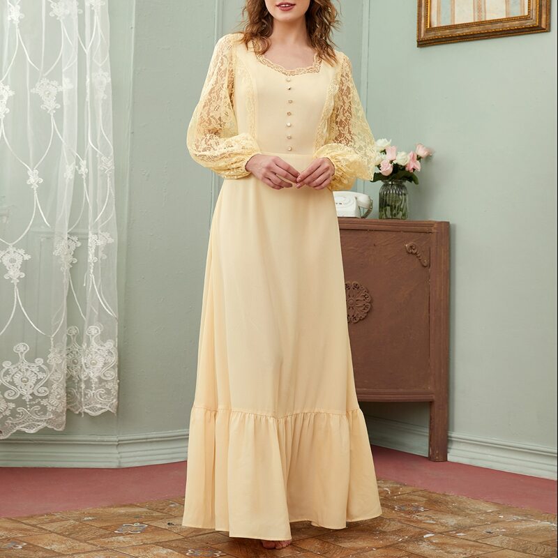 

Button Front Lace Sleeve Ruffle Hem Nightdress, Yellow pastel