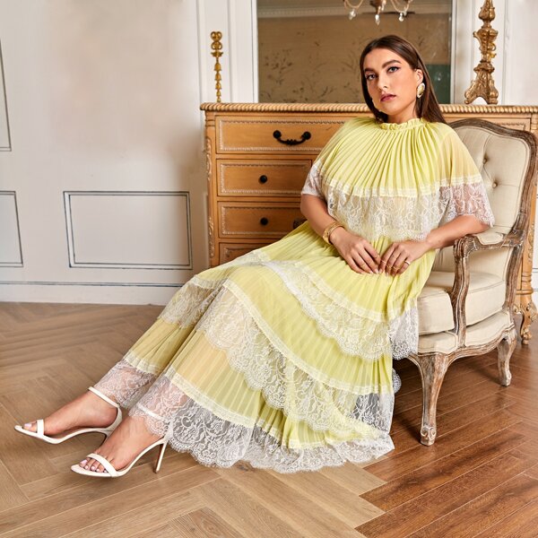 

Plus Frilled Neck Layered Lace Pleated Hem Dress, Multicolor