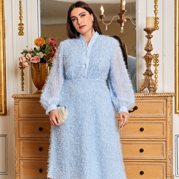 Plus Lantern Sleeve Button Front Fuzzy Dress, Pastel baby blue
