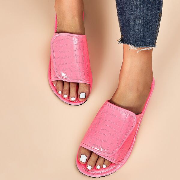 

Croc Embossed Velcro Strap Slide Sandals, Pink