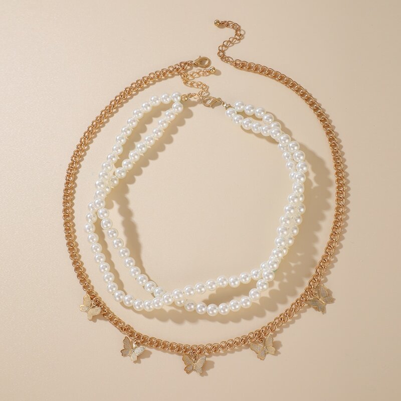 

2pcs Butterfly & Faux Pearl Beaded Necklace, Multicolor