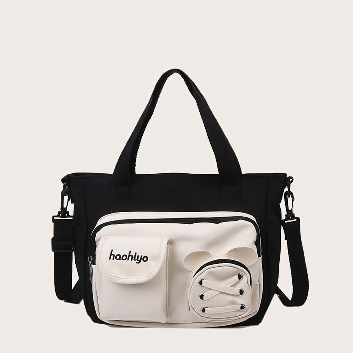 

Letter Embroidered Pocket Front Tote Bag, Black and white