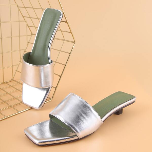 

Metallic Minimalist Open Toe Heeled Mules, Silver