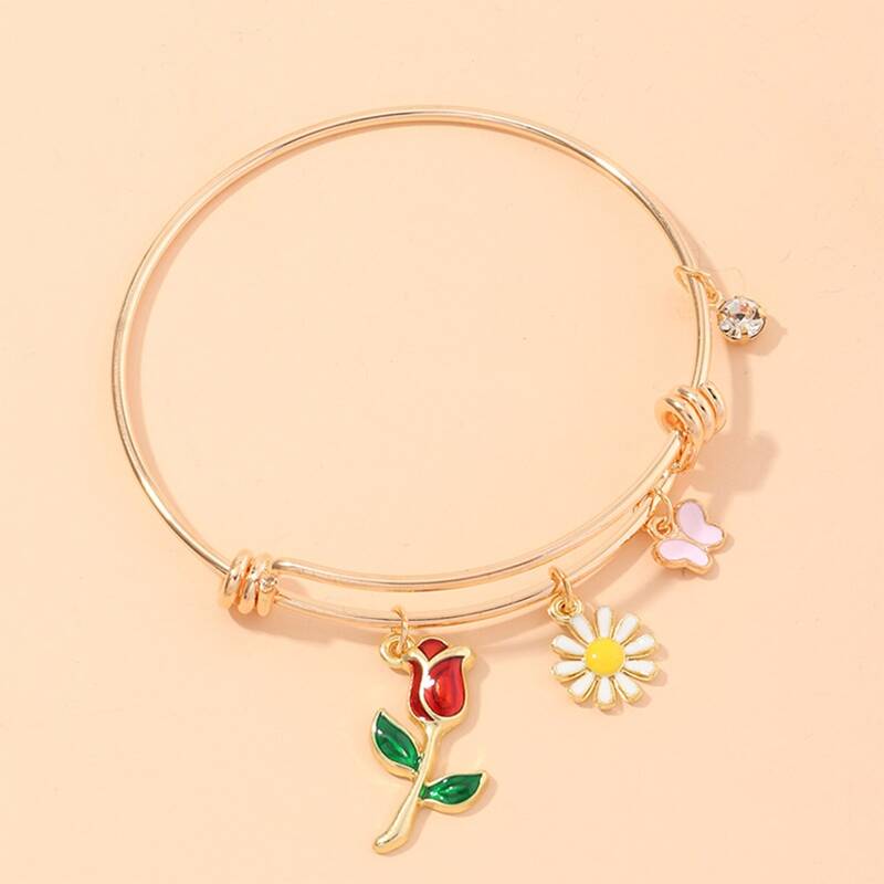 

Flower & Butterfly Charm Bangle Bracelet, Multicolor