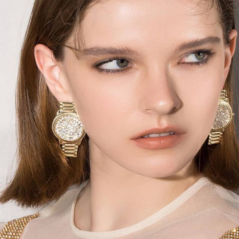 

Rhinestone Watch Design Drop Earrings, Gold