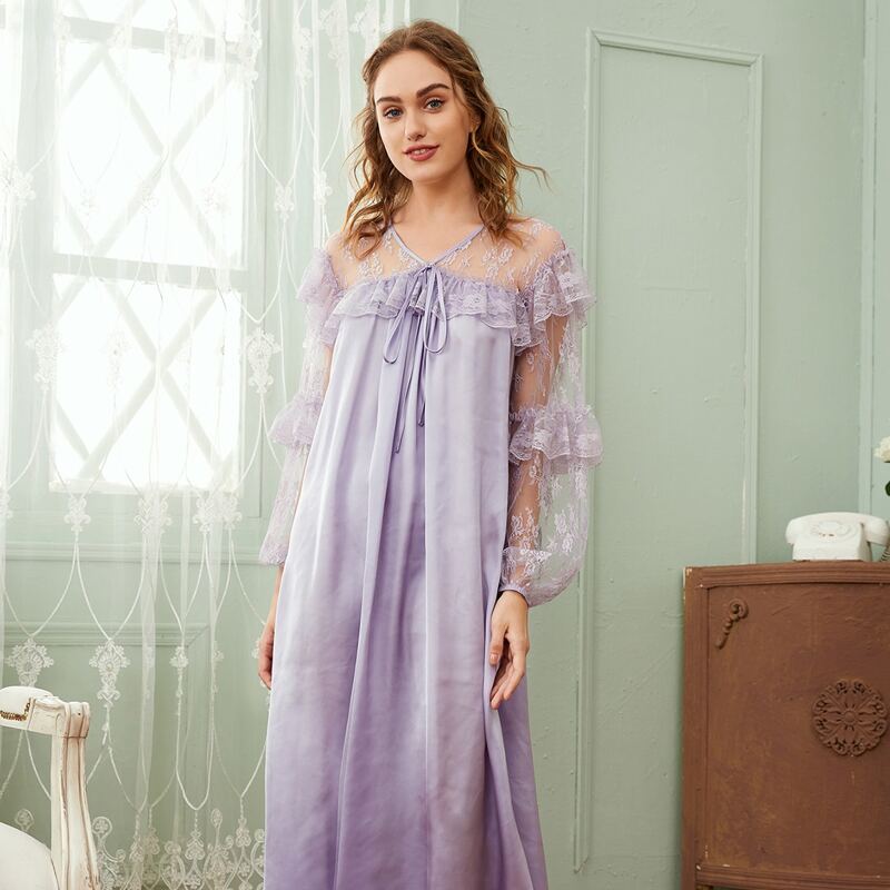 

Tie Front Lace Yoke & Sleeve Ruffle Trim Nightdress, Pastel lilac purple