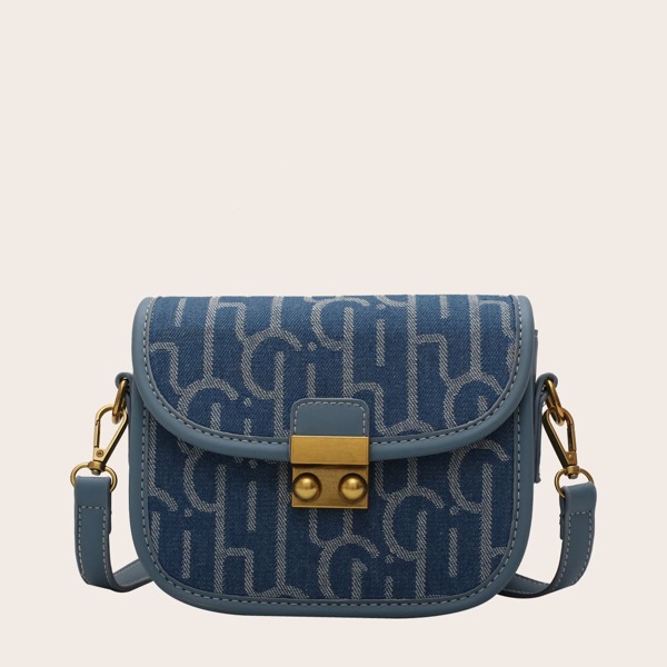 

Metal Lock Flap Denim Crossbody Bag, Blue
