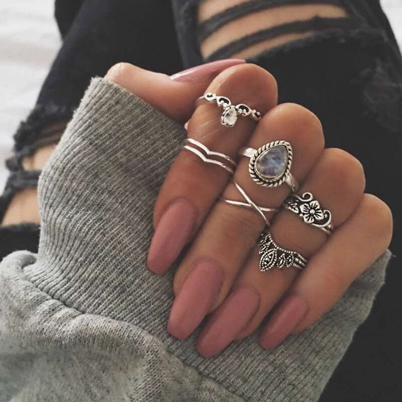 

6pcs Rhinestone Floral Ring, Silver