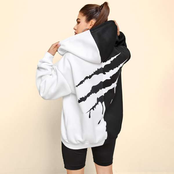 

Colorblock Zip Up Oversized Sweatshirt, Black and white