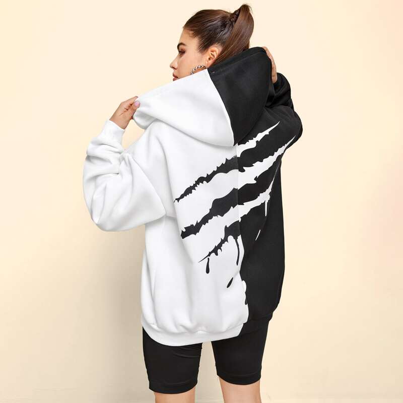 

Colorblock Zip Up Oversized Sweatshirt, Black and white