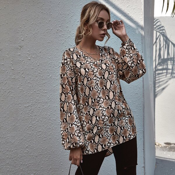

Snakeskin Print Bishop Sleeve Blouse, Multicolor
