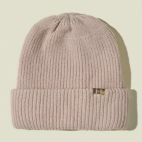 

Metal Decor Knitted Cuffed Beanie, Baby pink