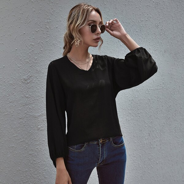 

Solid Bishop Sleeve Blouse, Black