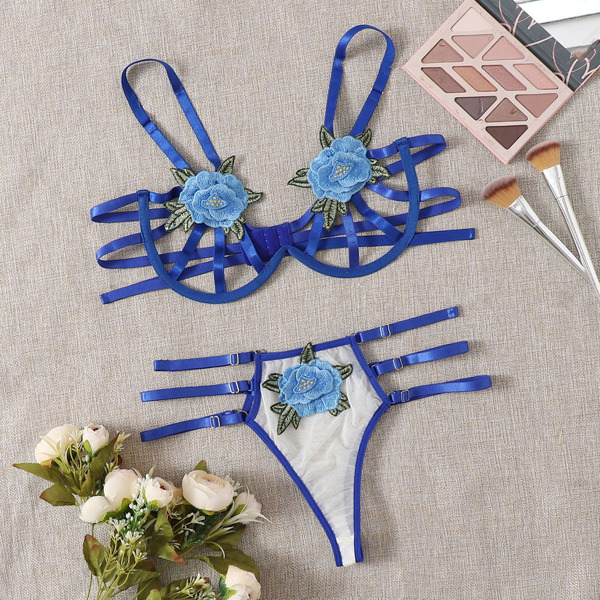 

Floral Applique Underwire Cut-out Lingerie Set, Blue and white