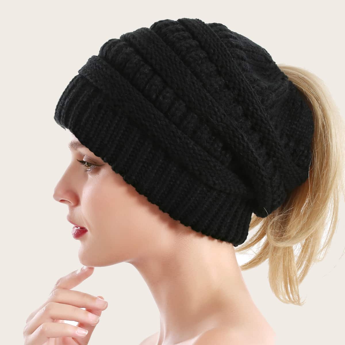 

Solid Knit Ponytail Hat, Black
