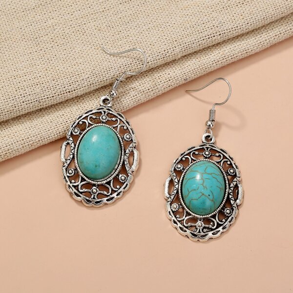 

1pair Turquoise Decor Hollow Oval Drop Earrings, Multicolor