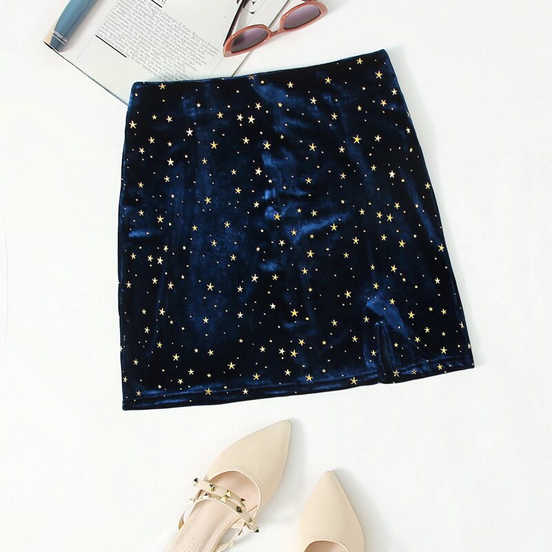 

Velvet Galaxy Print Split Skirt, Navy blue