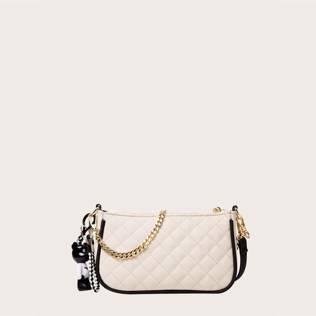 

Quilted Chain Baguette Bag, Beige