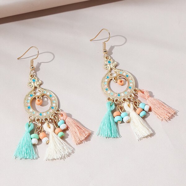 

1pair Tassel & Bead Decor Earrings, Multicolor