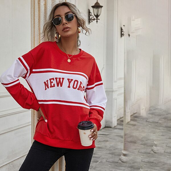 

Letter Graphic Colorblock Oversized Sweatshirt, Red and white