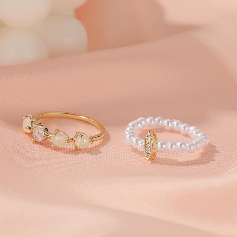 

2pcs Rhinestone & Faux Pearl Decor Ring, Gold