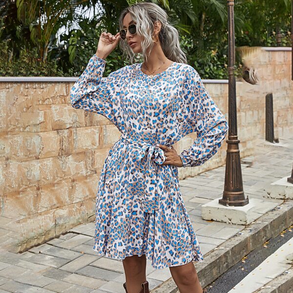 

All Over Print Belted Keyhole Back Dress, Multicolor