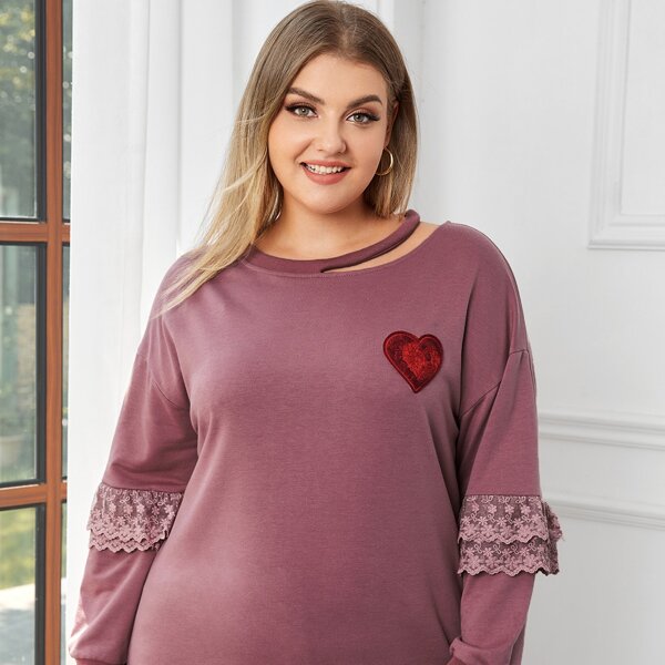 

Plus Cut Out Neck Contrast Lace Sweatshirt, Dusty pink