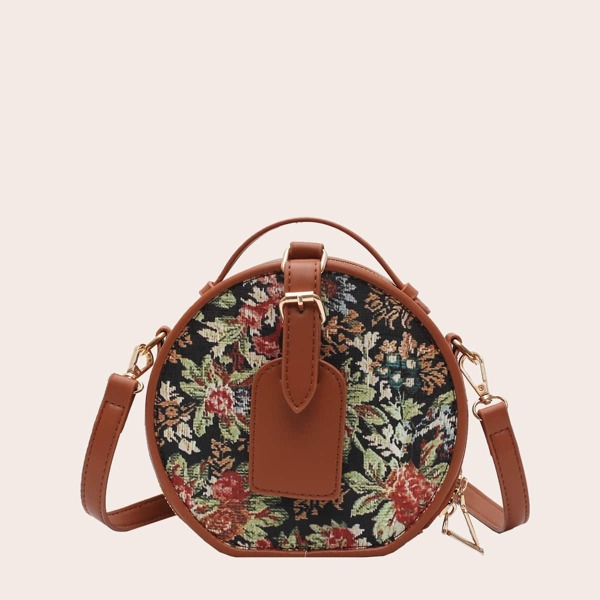 

Round Floral Satchel Bag, Brown