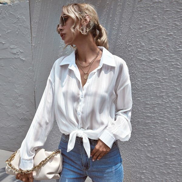 

Sheer Button Through Drop Shoulder Blouse, White