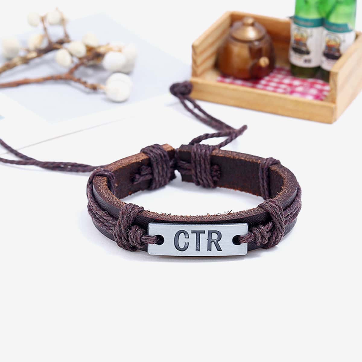 

Guys Letter Pattern Metal Decor Woven Bracelet, Brown
