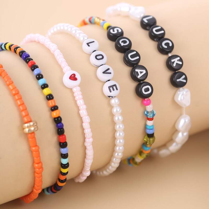 

6pcs Letter Beaded Bracelet, Multicolor