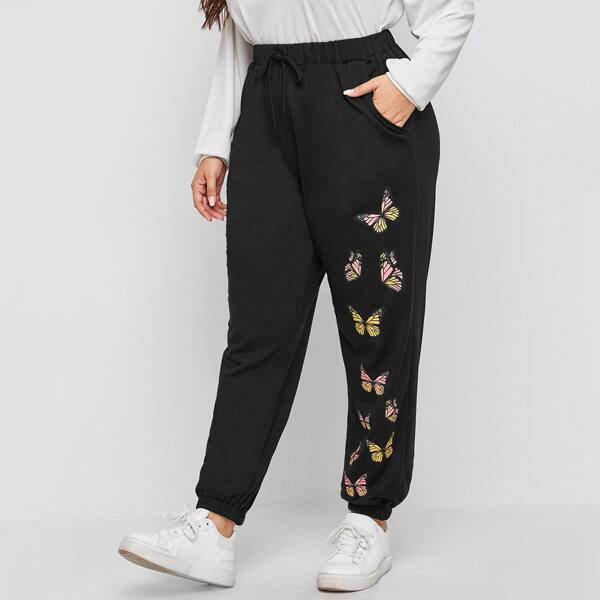 

Plus Butterfly Print Tie Front Sweatpants, Black