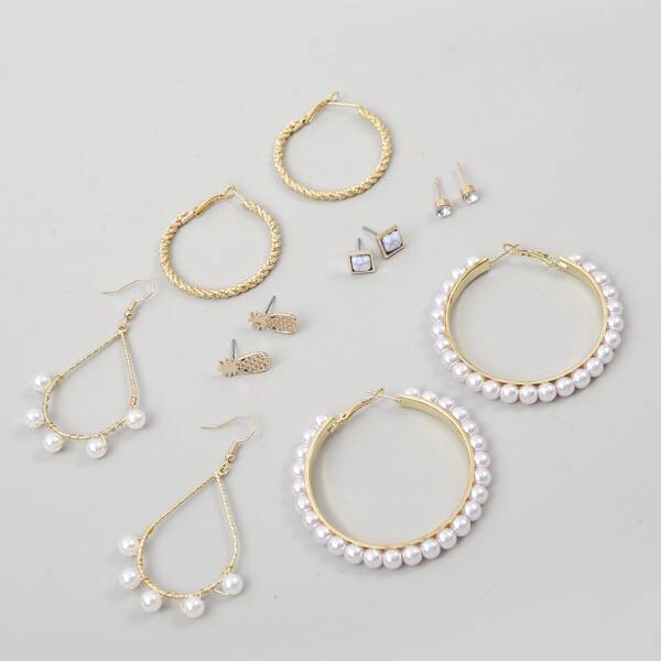 

6pairs Faux Pearl & Rhinestone Decor Earrings Set, Multicolor