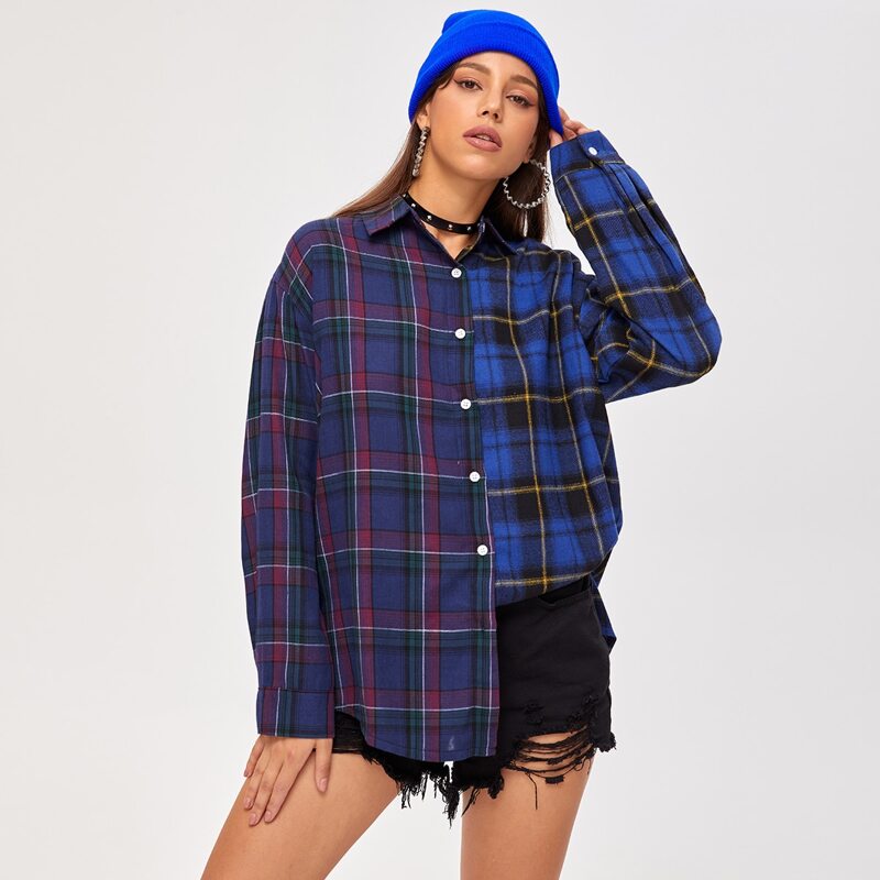 

Colorblock Plaid Button Front Blouse, Multicolor