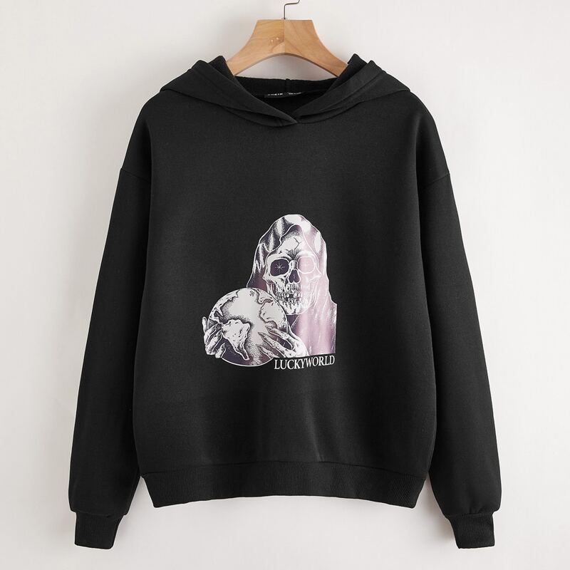 

Letter & Skeleton Graphic Drop Shoulder Pullover, Black