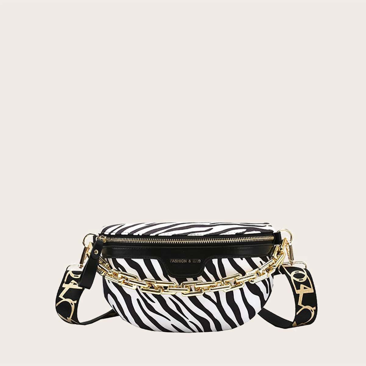 

Zebra Print Fanny Pack With Chain Handle, Black and white