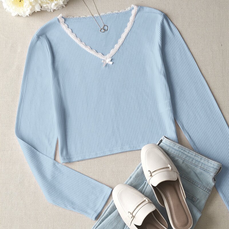 

Ribbed Lace Trim Crop Tee, Baby blue
