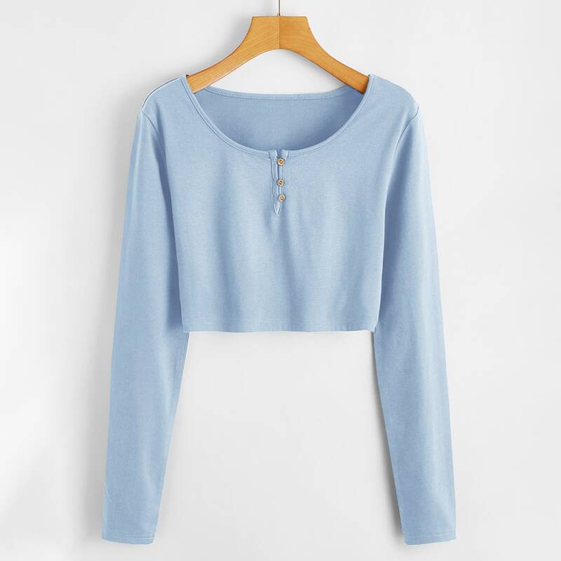 

Solid Henley Crop Tee, Dusty blue