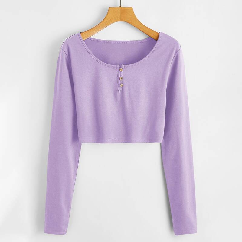 

Solid Henley Crop Tee, Lilac purple